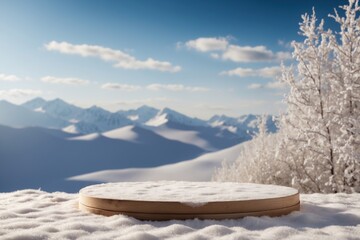Natural podium product display backdrop with dreamy snow field background. ai generative - obrazy, fototapety, plakaty