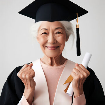 Portrait Elderly woman pensioner student celebration proud success graduation university. ai generative