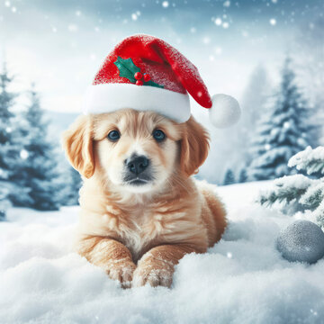 Puppy in winter hat over a snowy winter landscape, christmas cute dog concept. ai generative
