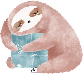 Cute sloth hugging gift box illustration. Christmas Hand drawn illustration. Baby animal art - 676040750