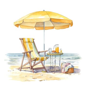 Aquarela de cena de praia com cadeira de praia, guarda sol e mesinha com amenidades, aproveite o sol.
