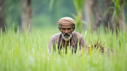 Obraz premium An old worker working in the rice field.