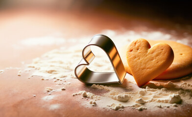 Making heart shaped cookies for Valentine's Day. Cookies, molds and flour on wooden table - obrazy, fototapety, plakaty