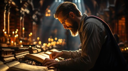 Expert researchers examine books in an old library.