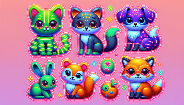 Set of bright neon stickers of funny animals