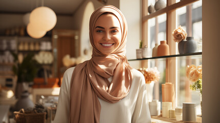 Candid photo of a happy Arab female business owner in a hijab and traditional dress works at her own fashion boutique. The concept of gender equality