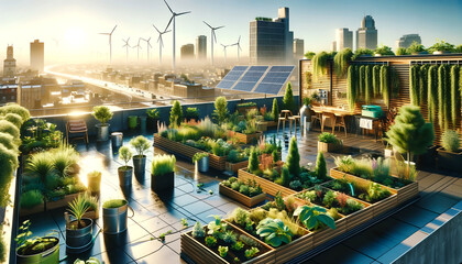 Greener Living: A Rooftop Garden Oasis with Wind Turbines and Solar Panels in the Background, Created with Generative AI Technology