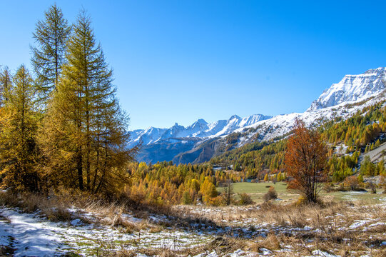 Paysage de montagne avec de la neige &agrave; l'automne en montagne dans les Alpes du Sud en France
