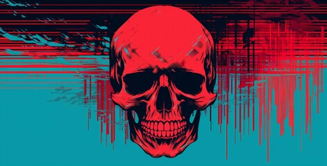 a red skull on a bright background, glitchcore, turquoise and red, warped,  pop art influence