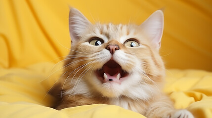 Crazy surprised cat make big eyes closeup on yellow background. Copy space for text.