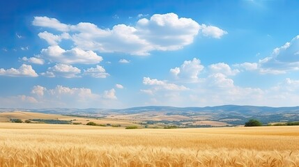 Wheat field on the hill with blue and partly cloudy sky