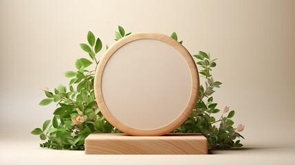 Wooden round tray podium with blurry leaves shadow on green background. Product display background concept - obrazy, fototapety, plakaty