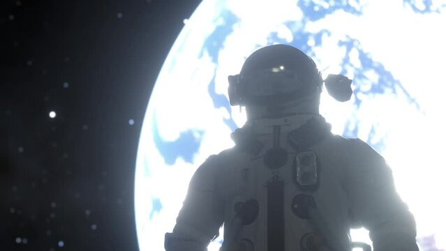 Alone astronaut stands on the surface of the moon among craters