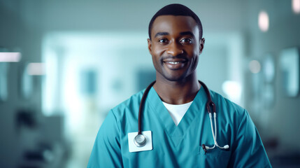 Fototapeta premium Dark-skinned afro american young male doctor in medical clothing smiles happily and looks at camera. Blurred background of the hospital, office in background. Healthcare concept, medicine