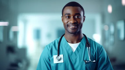 Poster Dark-skinned afro american young male doctor in medical clothing smiles happily and looks at camera. Blurred background of the hospital, office in background. Healthcare concept, medicine © FoxTok