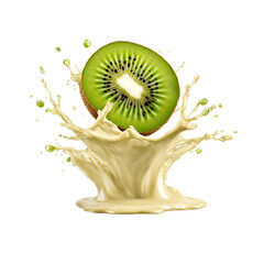 A kiwi fruit with milk splashing