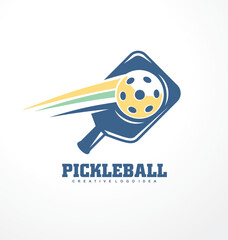 Pickleball logo design idea with racket and ball. Creative sports symbol for pickleball club. Vector illustration.