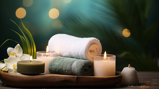Entspannung, Wellness, Massage, Handtuch, Visual, gr&uuml;n, natur, Thai, Spa, Kerzenlich, wohlf&uuml;hlend, 
