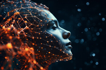 Side view of human woman female face on dark background with glowing neon network nodes and interconnected pathways. Artificial intelligence concept