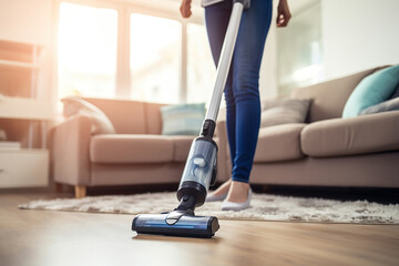 Woman vacuuming the living room with cordless vacuum cleaner