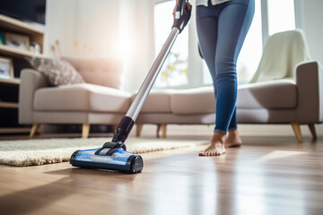 Close-up of an unrecognizable woman with an electric vacuum cleaner on white carpet in living room