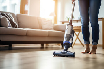 Fototapeta premium Woman vacuuming the living room with cordless vacuum cleaner