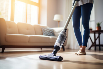 Woman vacuuming the living room with cordless vacuum cleaner