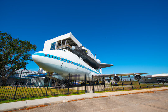 Space Shuttle mounted on Boeing 747 Shuttle Carrier Aircraft on Independence Plaza in Johnson Space Center in city of Houston, Texas TX, USA. 