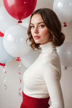 Realistic image of young woman surrounded by white and red balloons

