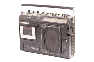 Retro portable stereo cassette recorder from 80s Isolated on white