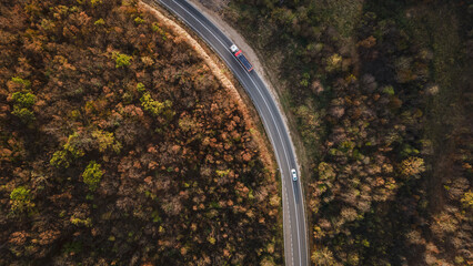 truck vehicle drive on Tresibaba mountain range nature aerial view in autumn day near Knjazevac Serbia top down