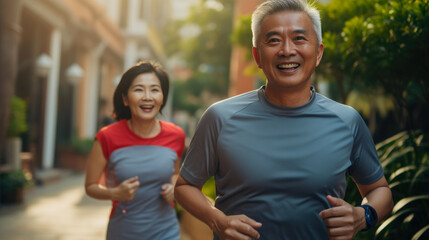 Obraz premium Urban Jogging Joy: Asian Couple in Action