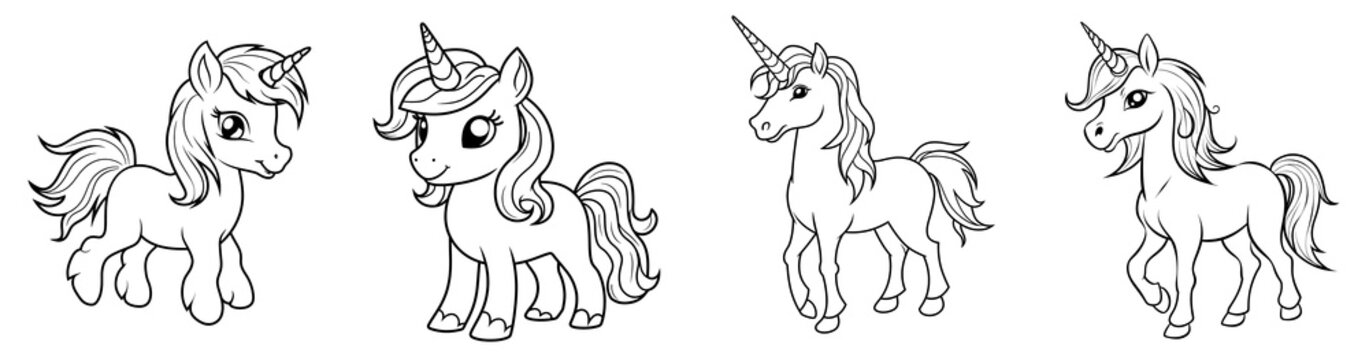 Cute unicorn, simple thick lines kids and preschool children cartoon coloring book pages. Generative AI