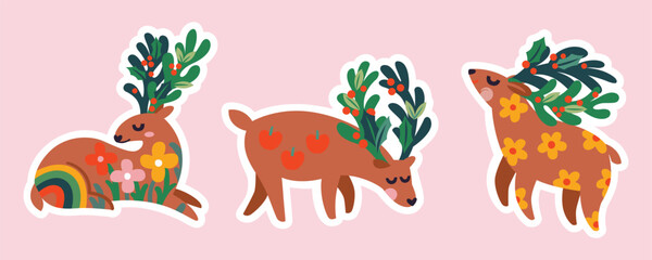Obraz na płótnie Canvas Stickers of three cute Christmas deers with horns mistletoe