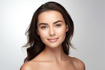 A portrait of a young woman with flawless, natural beauty, emphasizing skincare and cosmetology, showcasing her perfect skin and attractive features. - obrazy, fototapety, plakaty