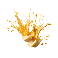 A yellow liquid splashing in a piece of food