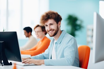 Obraz premium Young professional guy working in a modern office, using technology and working towards success.