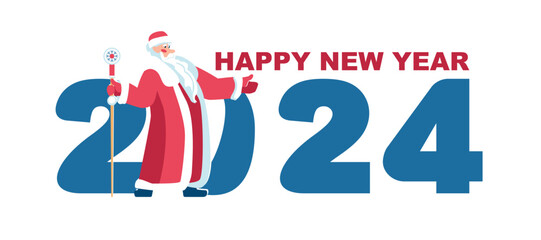 2024. Happy New Year 2024. Santa Claus points with his hand to the greeting New Year's numbers 2024. Merry Christmas, banner, people.Elements for calendar and greeting cards, gifts.Vector illustration