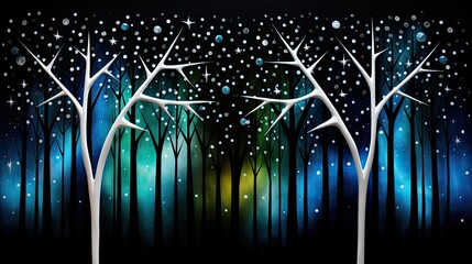AI-generated illustration of a nighttime forest scene with bare tree trunks and a starry sky. MidJourney.