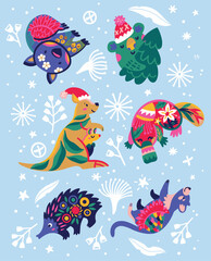 Merry Christmas and happy new year with adorable decorative Australian animals