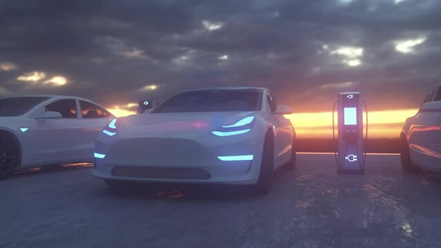 Electric cars at charging station. Charge station for electric cars