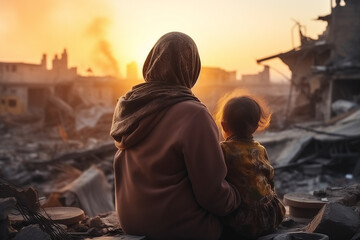 Young woman mother in hijab holds baby child against background of destroyed buildings home due to war or earthquake - obrazy, fototapety, plakaty