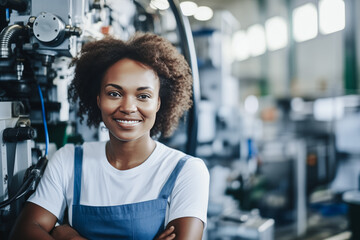 Portrait happy African American woman engineer or technician worker working on smart industry factory, background workplace
