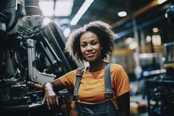 Fotobehang Portrait happy African American woman engineer or technician worker working on smart industry factory, background workplace © Adin