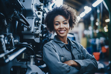Happy African American young female background workplace. Portrait of industry worker woman inspecting and checkup car at factory