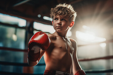 Young boy boxer with gloves fight on ring, sunlight