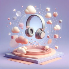 Obraz premium Minimalist and modern headphones illustration with 3D floating elements in pastel tones, embodying tranquility and balance.