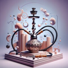 Minimalist and modern hookah illustration with 3D floating elements in pastel tones, embodying tranquility and balance. - obrazy, fototapety, plakaty