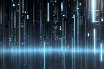 Technological cyber background design, neon light, bright dark illustration, future tech style, Generative AI