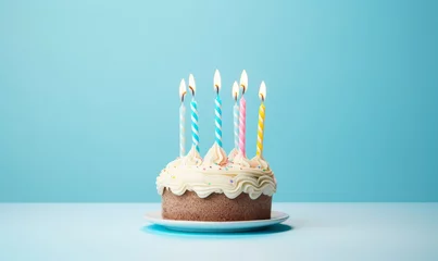Fotobehang birthday cake with  six 6 candles on pastel blue background with copyspace © Julya